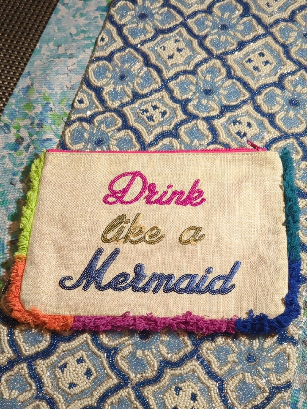 Express Neutral Linen 'Drink Like a Mermaid' Clutch with Multicolor Fringe